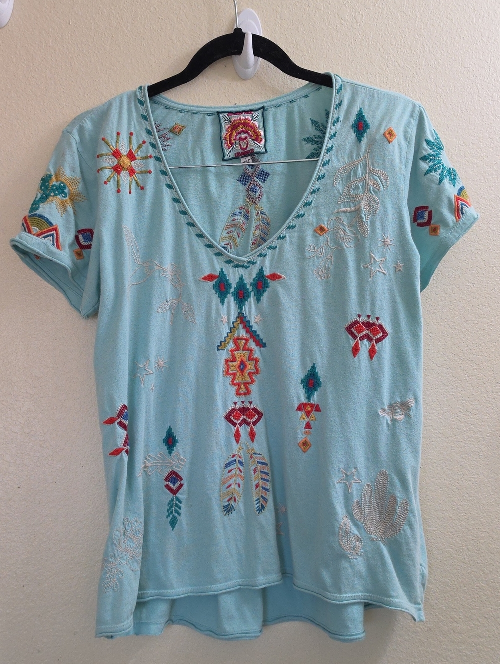 Johnny Was Light Blue V-Neck Short Sleeve Tee with Multicolor Embroidery, Small